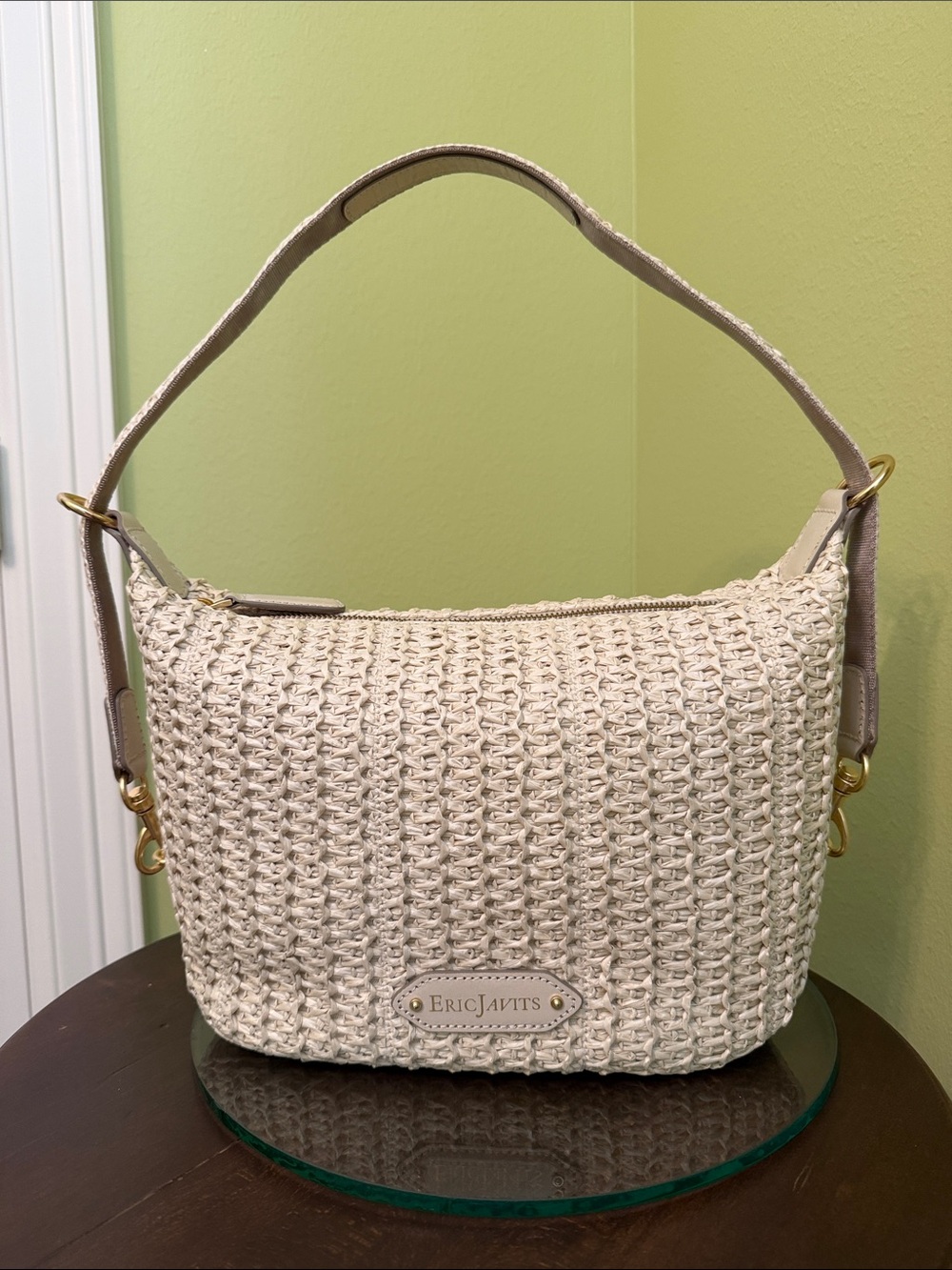 Eric Javits Cream Woven Shoulder Bag with Neutral Trim